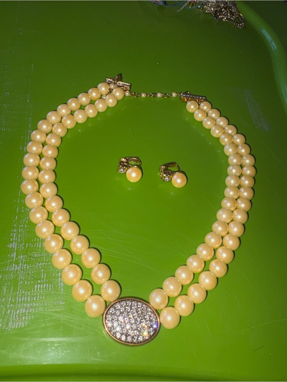 Classic Double Strand Pearl Necklace with Pavé Accent in Cream - Unbranded
